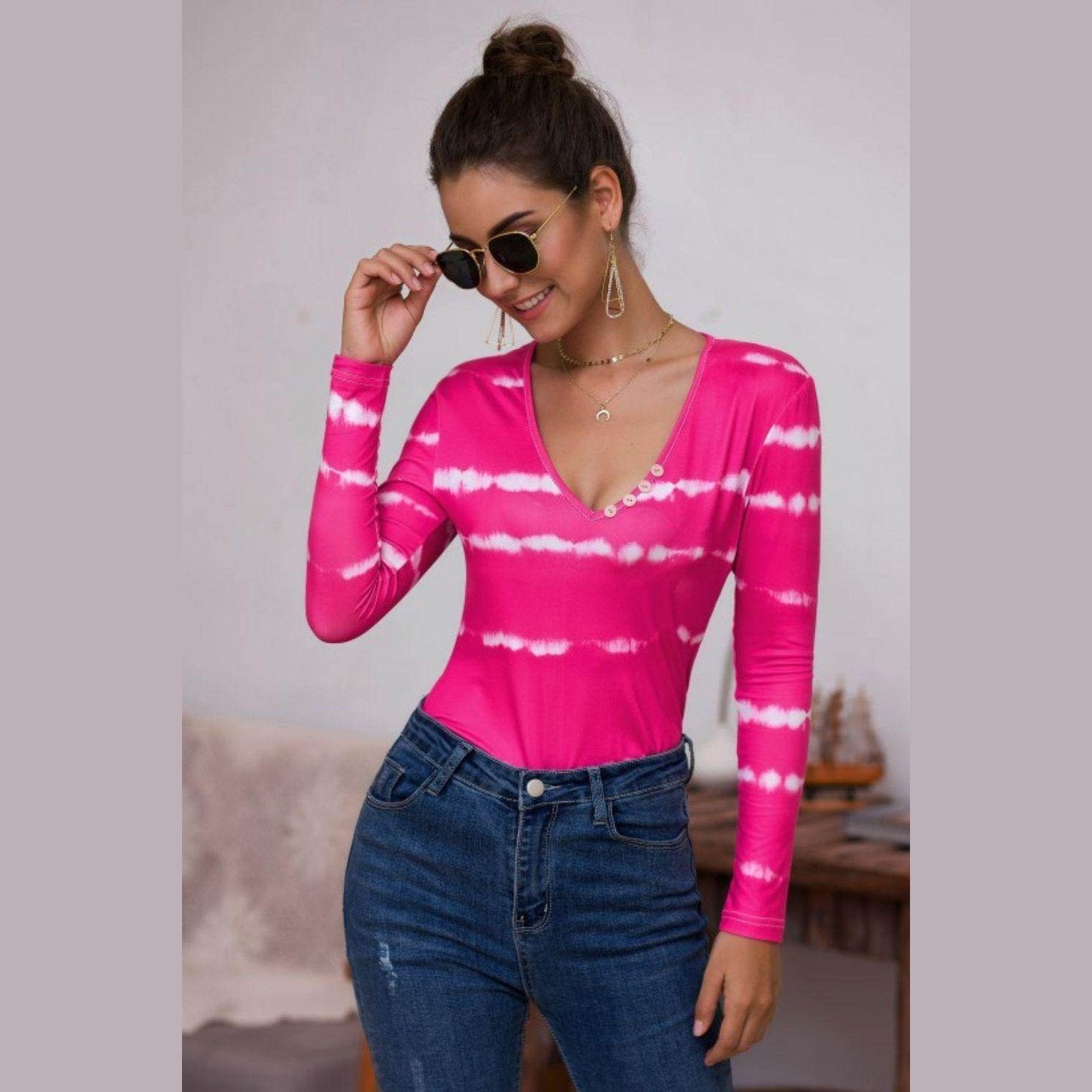 Trendsi tie-dye deep V-neck shirt in pink with long sleeves and stylish button details