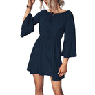 Trendsi tie neck vacation dress in navy with bell sleeves and cinched waist for summer outings
