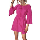 Trendsi women's pink tie neck vacation dress with flared sleeves and a cinched waist