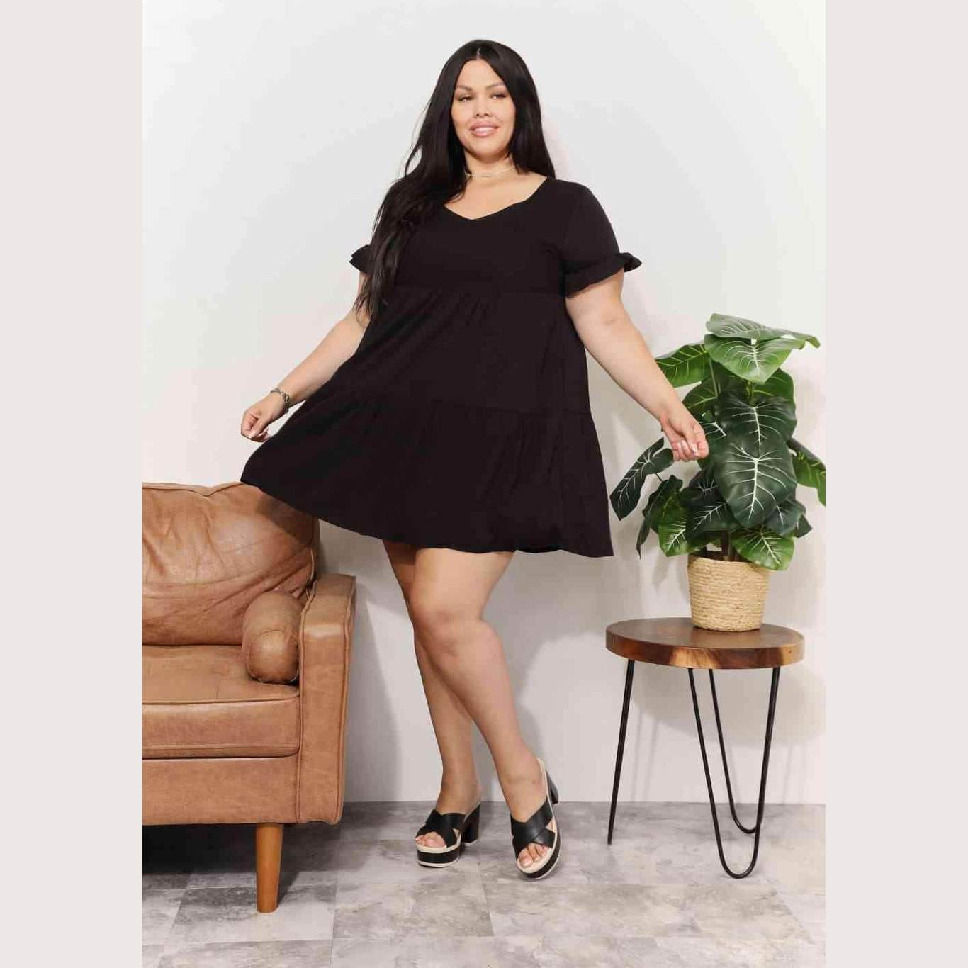 Trendsi tiered summer dress in black with short sleeves, ideal for casual outings