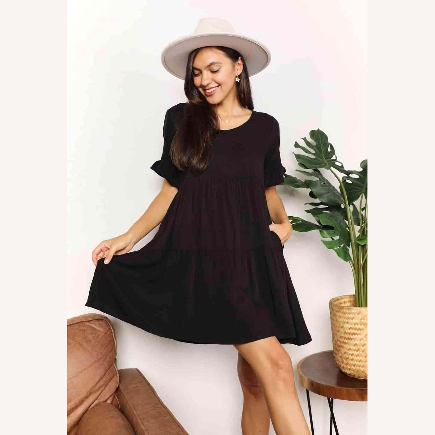 Trendsi black tiered summer dress with short sleeves and pockets for casual outings