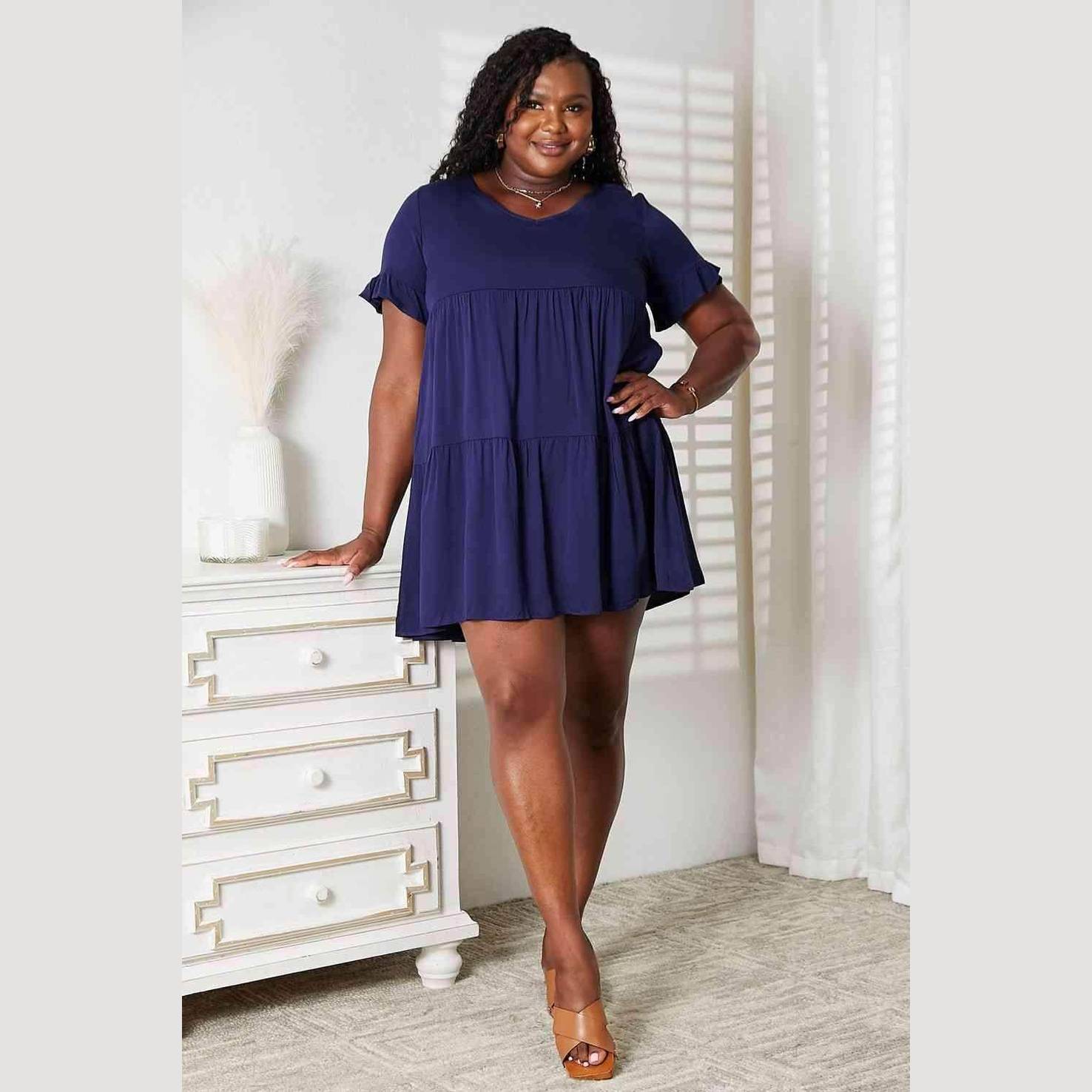 Trendsi women's tiered summer dress in navy with short sleeves and a loose fit, perfect for warm weather