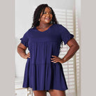 Trendsi tiered summer dress in navy blue with short ruffle sleeves and a relaxed fit