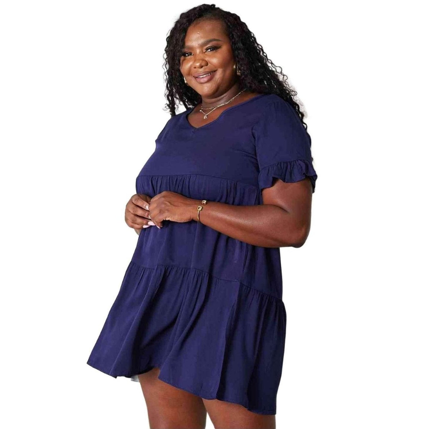 Trendsi tiered summer dress in navy blue, featuring ruffle sleeves and a relaxed fit for warm weather.