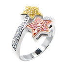 Tricolor 925 sterling silver ring featuring star designs in yellow, pink, and white hues