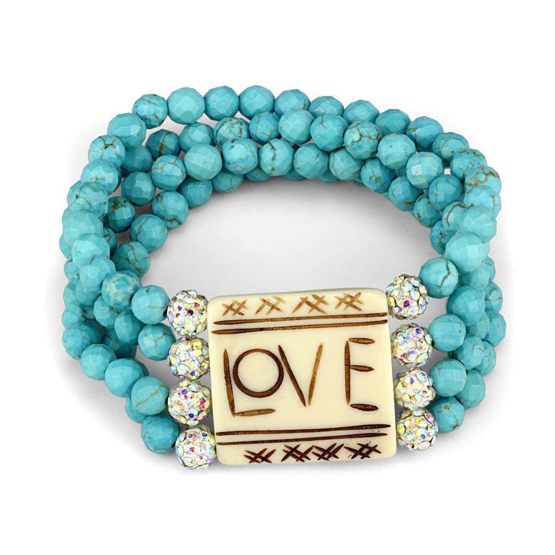 Turquoise beaded brass bracelet featuring a central LOVE charm and shimmering accents