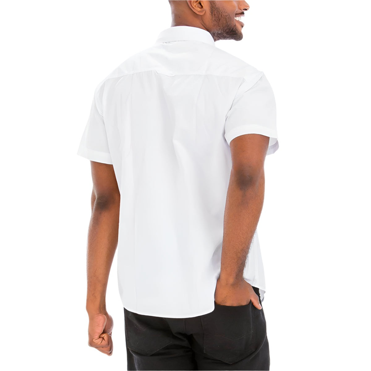 Men's white two pocket button front shirt with a modern fit from VacationGrabs, perfect for casual outings