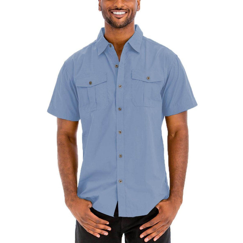 Light blue two pocket casual shirt for men featuring a button-down design and short sleeves