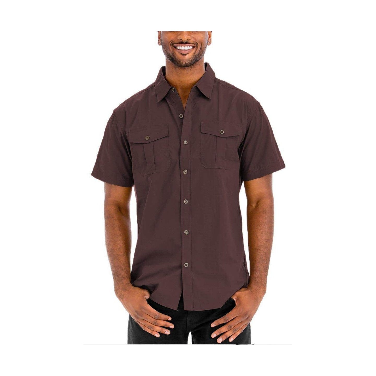 Brown two pocket casual shirt for men with short sleeves and button-down front by VacationGrabs