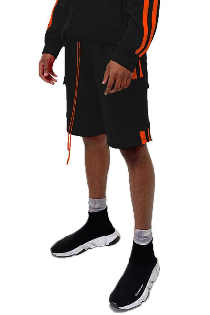 Men's two stripe athletic shorts in black with orange stripes and side pockets for activewear enthusiasts