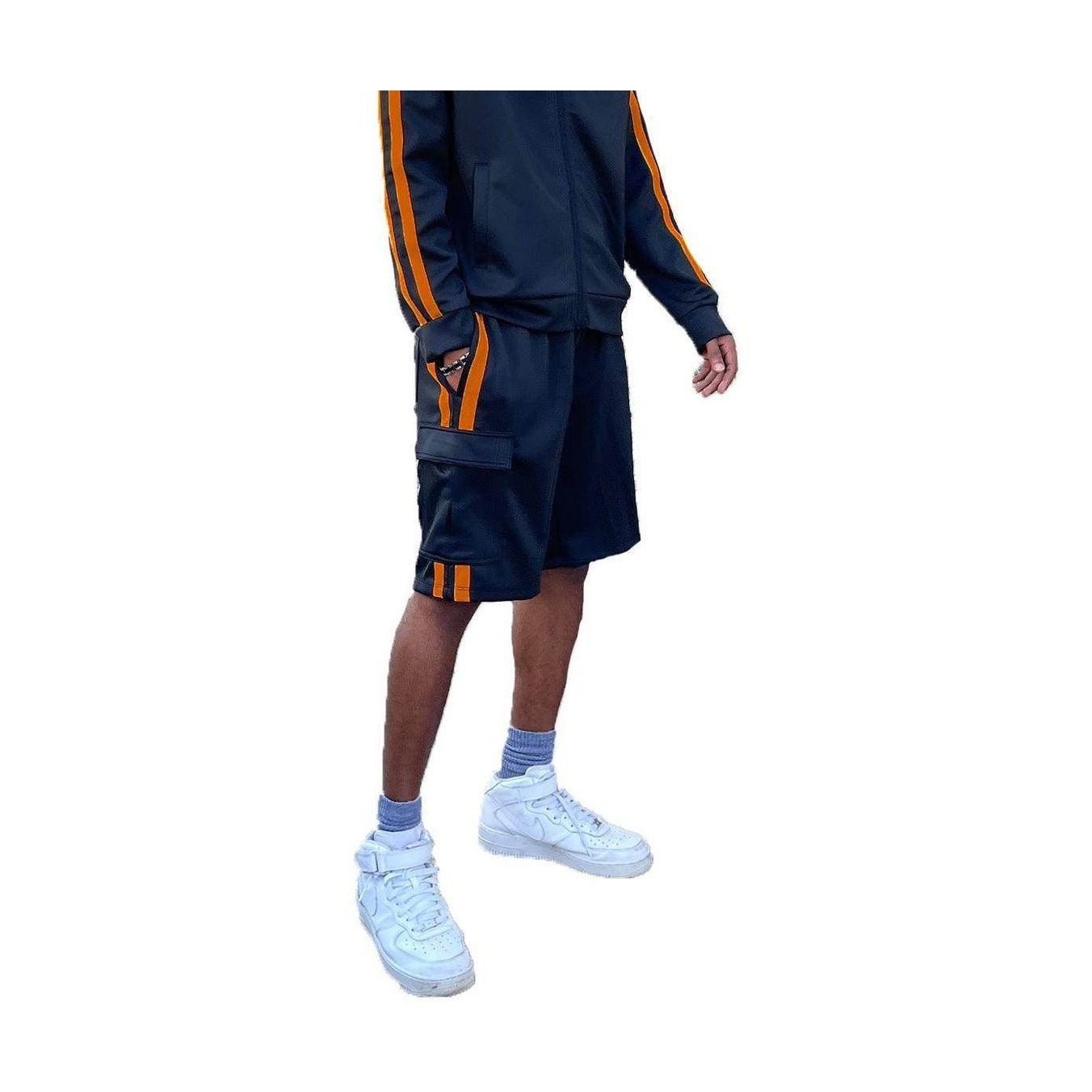 Men's two stripe athletic shorts in black and orange with comfortable fit and side pockets