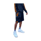 Men's two stripe athletic shorts in black and orange with comfortable fit and side pockets
