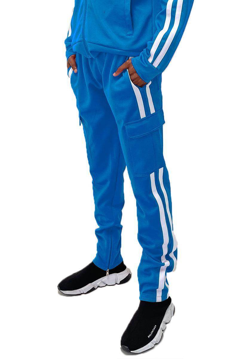 Bright blue two stripe jogger pants men with pockets for casual comfort and style