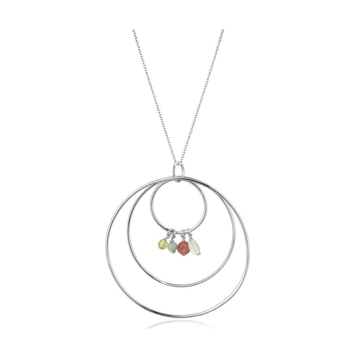 Unique vacation jewelry for her featuring a silver hoop necklace with colorful stone accents