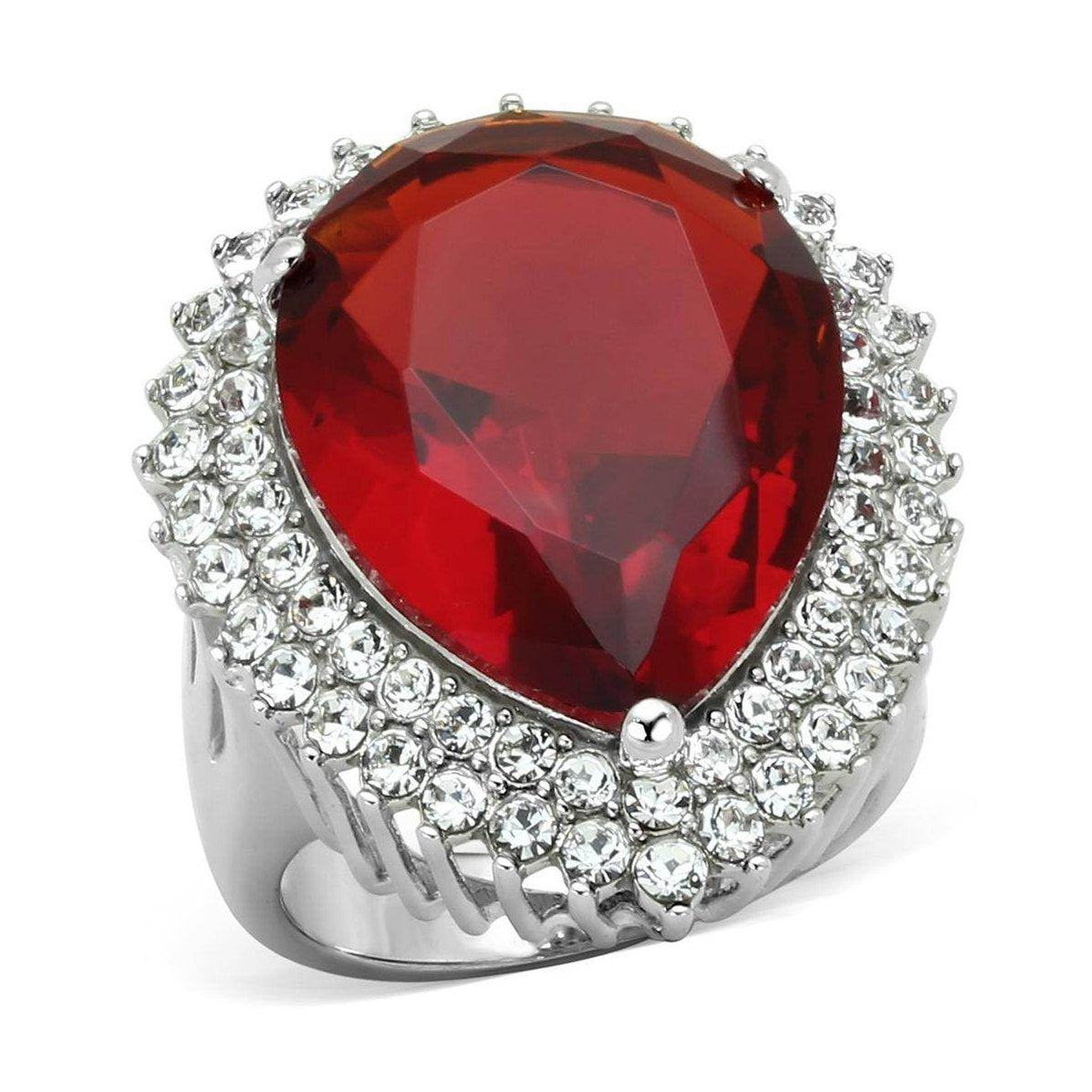 Stunning women's ring featuring a large red gemstone surrounded by sparkling crystals, perfect unique vacation jewelry for women