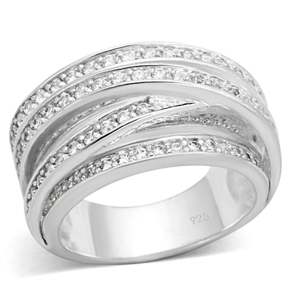 Stylish unique women's silver jewelry ring with sparkling stones and a modern design