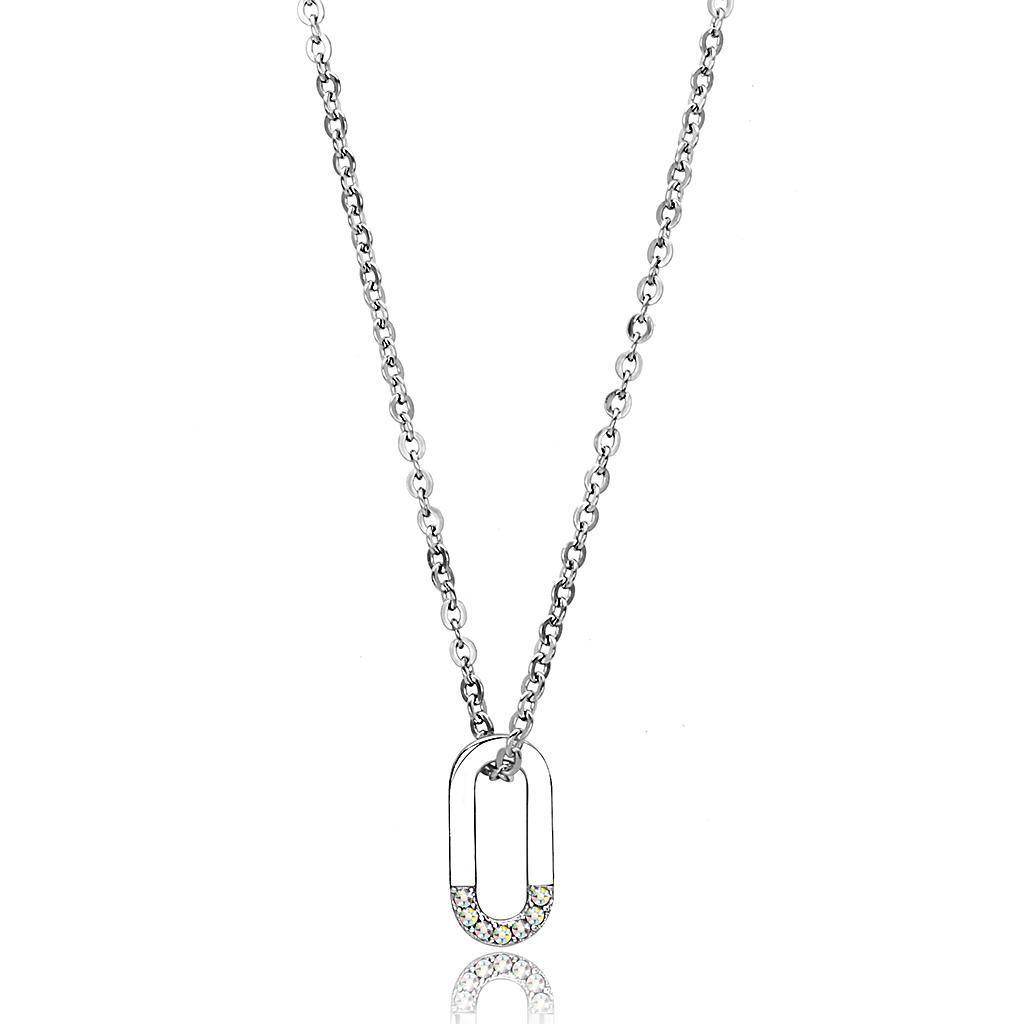 Unisex silver pendant necklace with a unique paperclip design and sparkling accents