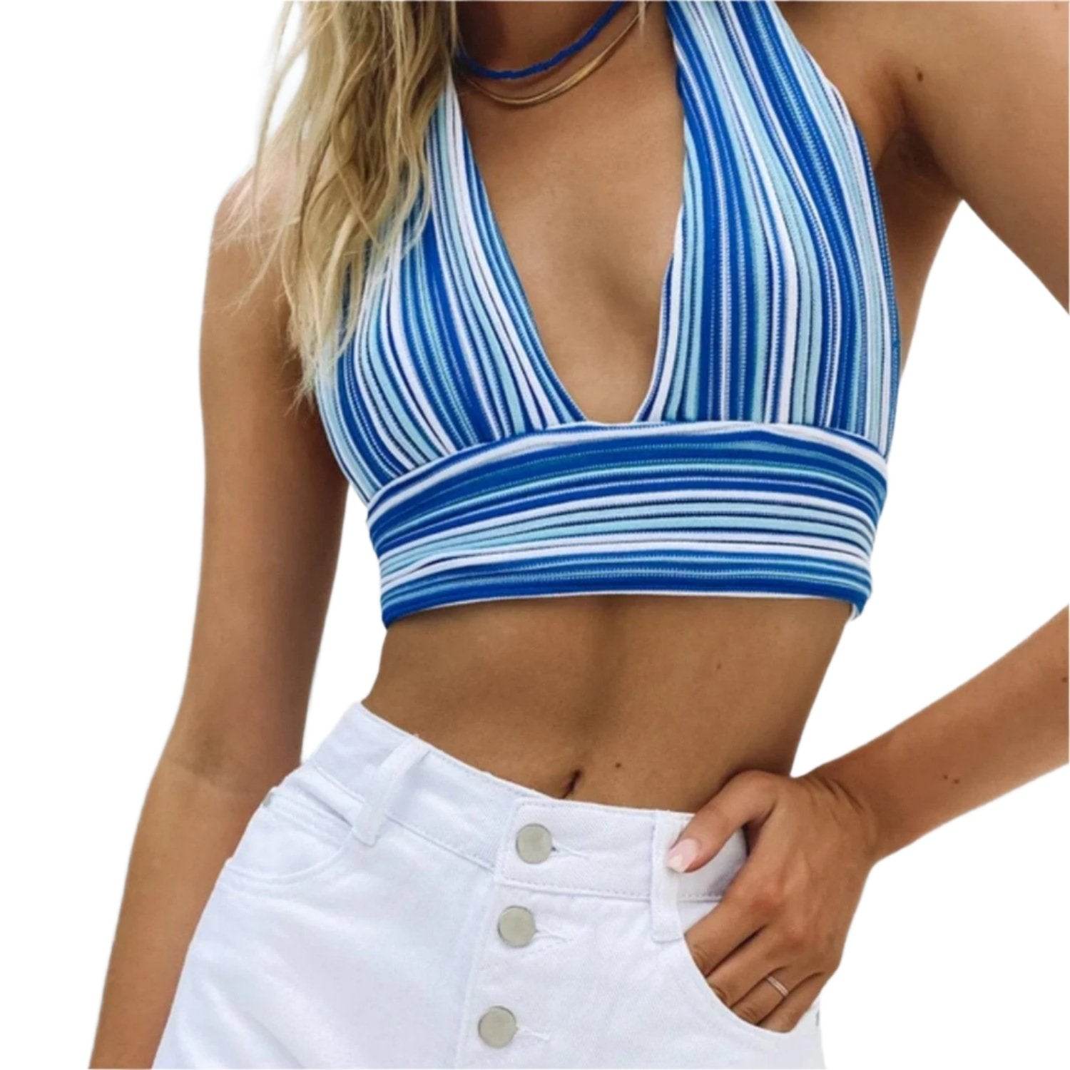 V Neck Bandage Crop Top Knitted Women Pretty - VacationGrabs