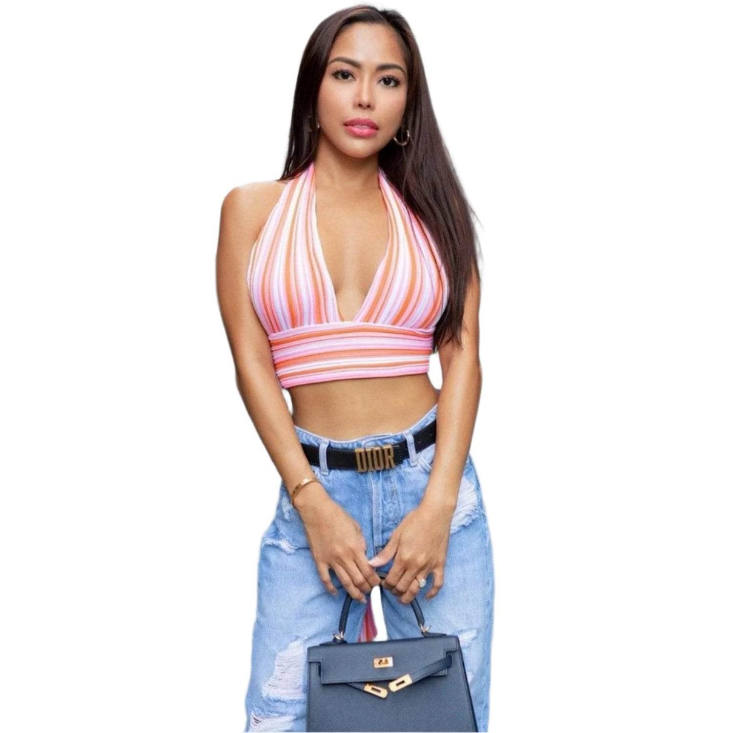 V Neck Bandage Crop Top Knitted Women Pretty - VacationGrabs