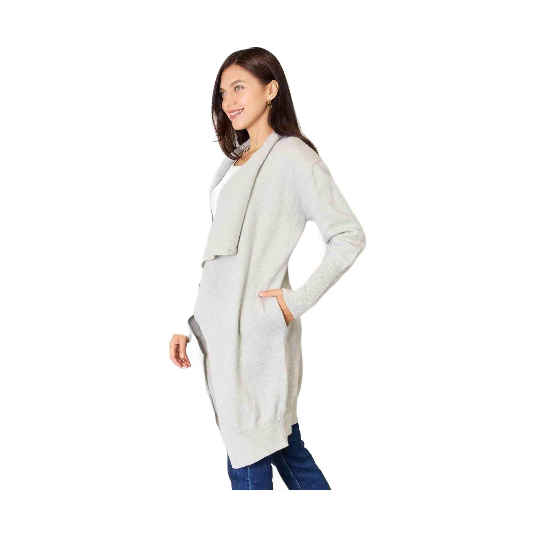 Trendsi Women's Vacation Style Cardigan in Light Gray with Long Sleeves and Pockets