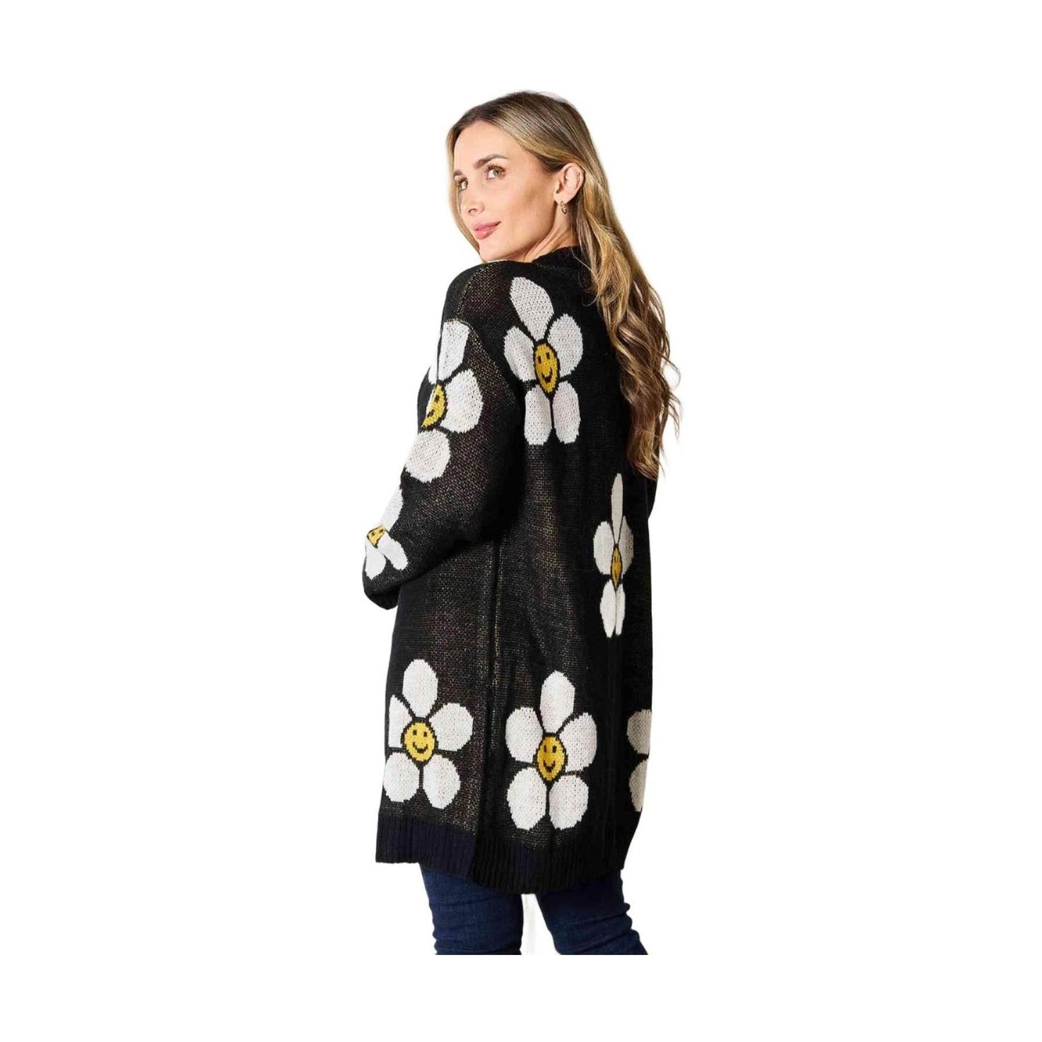 Trendsi vacation style floral cardigan in black with cheerful flower patterns for a stylish look