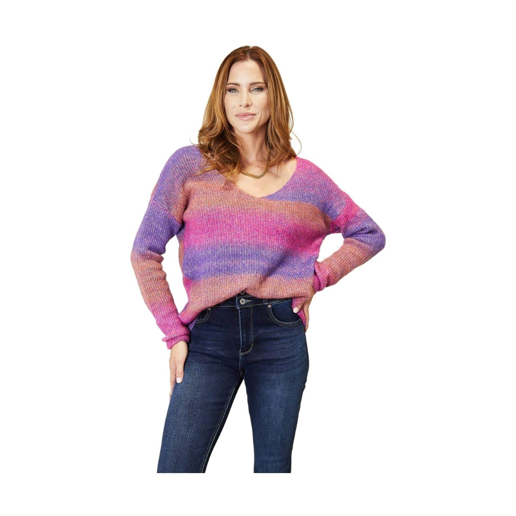 Trendsi Women's Vacation Style Knitwear Sweater in Gradient Pink and Purple with V-Neck Design