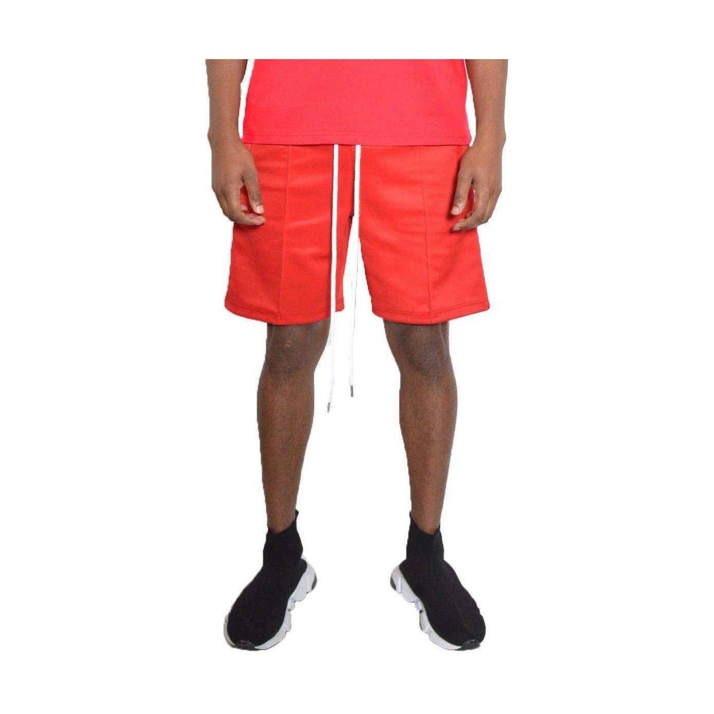 Bright red vacation style mens shorts with adjustable drawstring for a comfortable fit