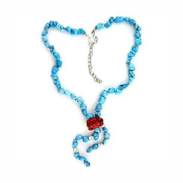 Vacation style turquoise necklace with a red rose accent and adjustable chain
