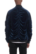 Velour bomber jacket for men with gathered back detail in luxurious navy blue by VacationGrabs