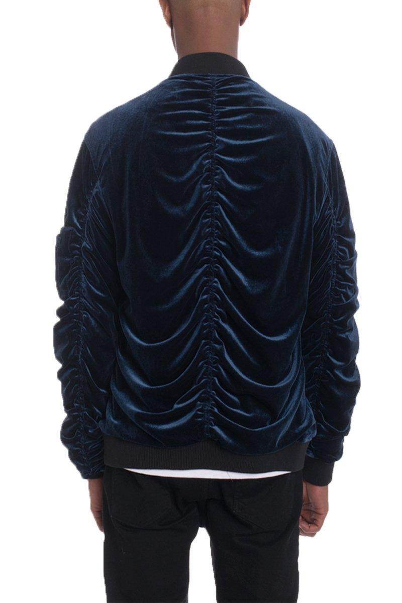 Velour bomber jacket for men with gathered back detail in luxurious navy blue by VacationGrabs