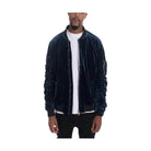 Men's velour bomber jacket for men in dark blue with zip front and side pockets