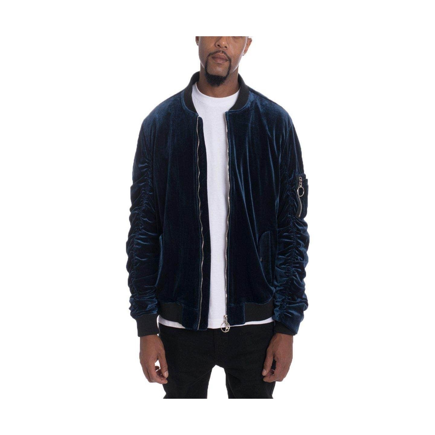 Men's velour bomber jacket for men in dark blue with zip front and side pockets