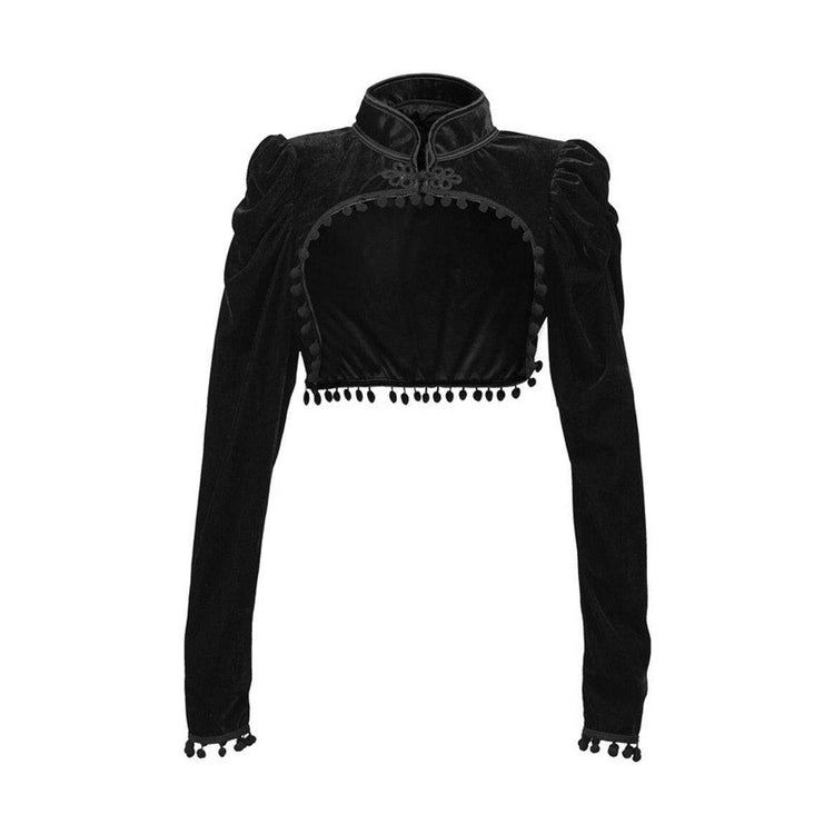 Black cropped top with velvet fabric and steampunk design details for stylish women, showcasing velvet steampunk fashion