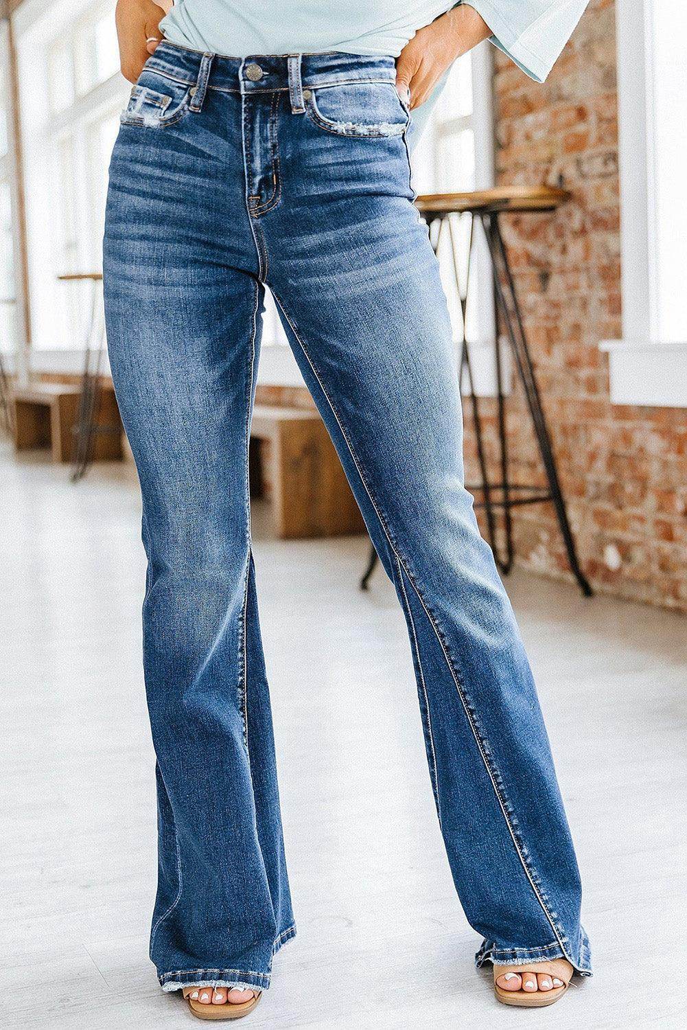 VacationGrabs Women's High Rise Flare Jeans in Classic Blue Denim for a Stylish Look