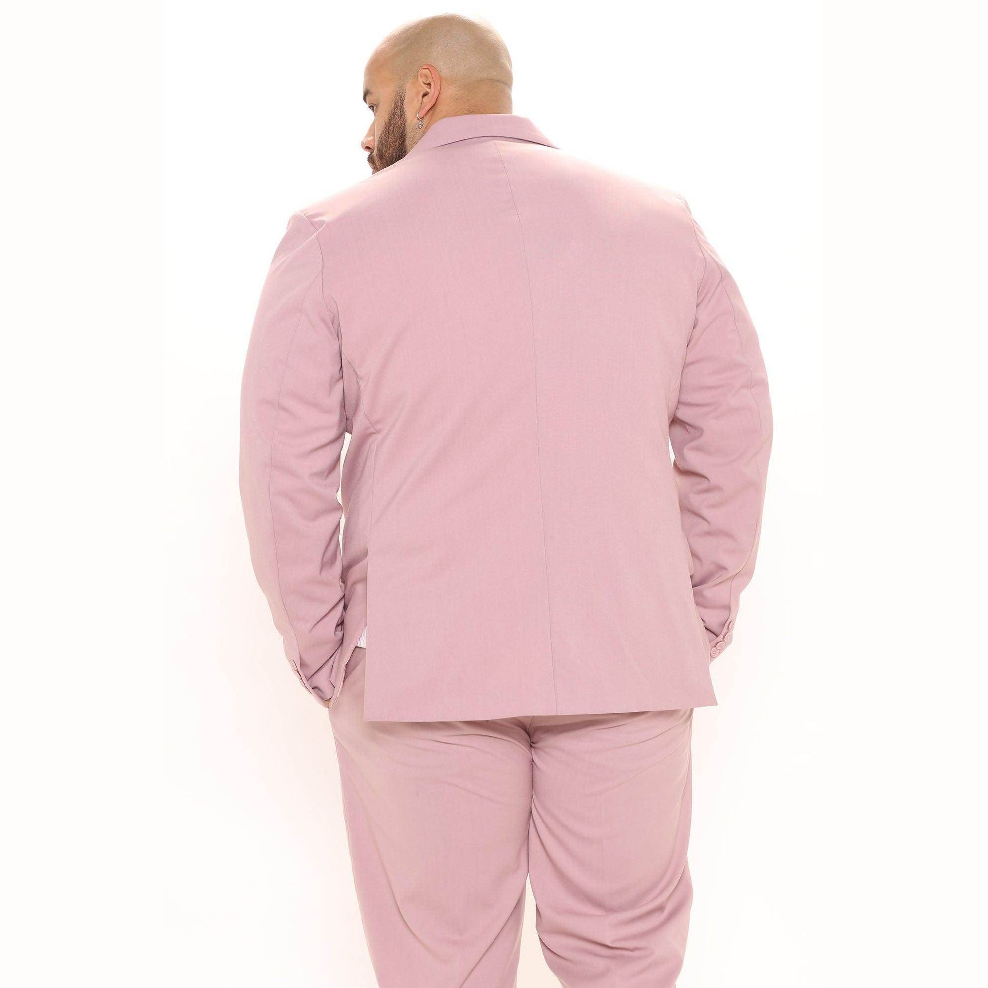 Back view of a Fashion Nova men's vacation style jacket in pink for a trendy summer look