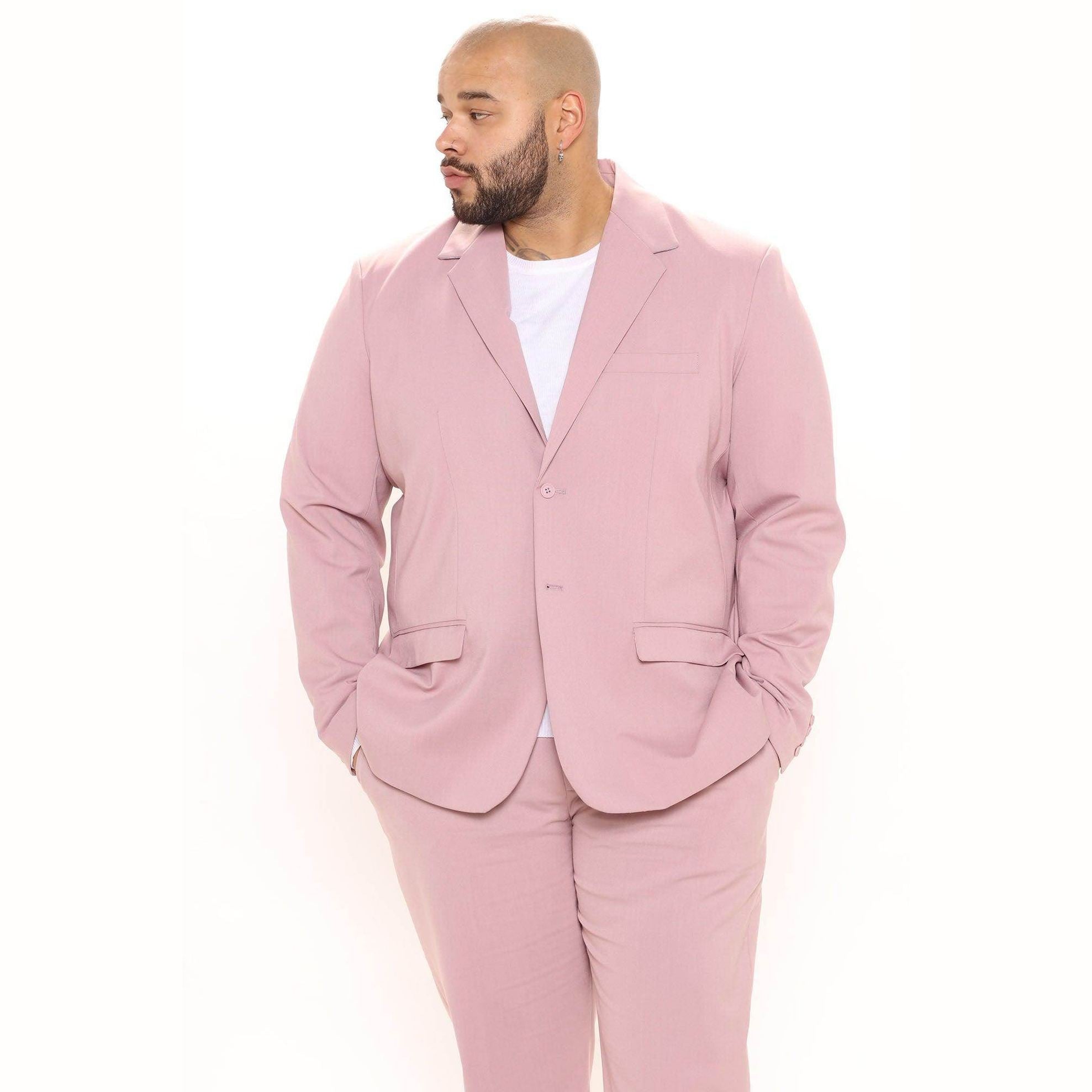 Fashion Nova men's vacation style jacket in soft pink, perfect for summer outings and formal occasions.