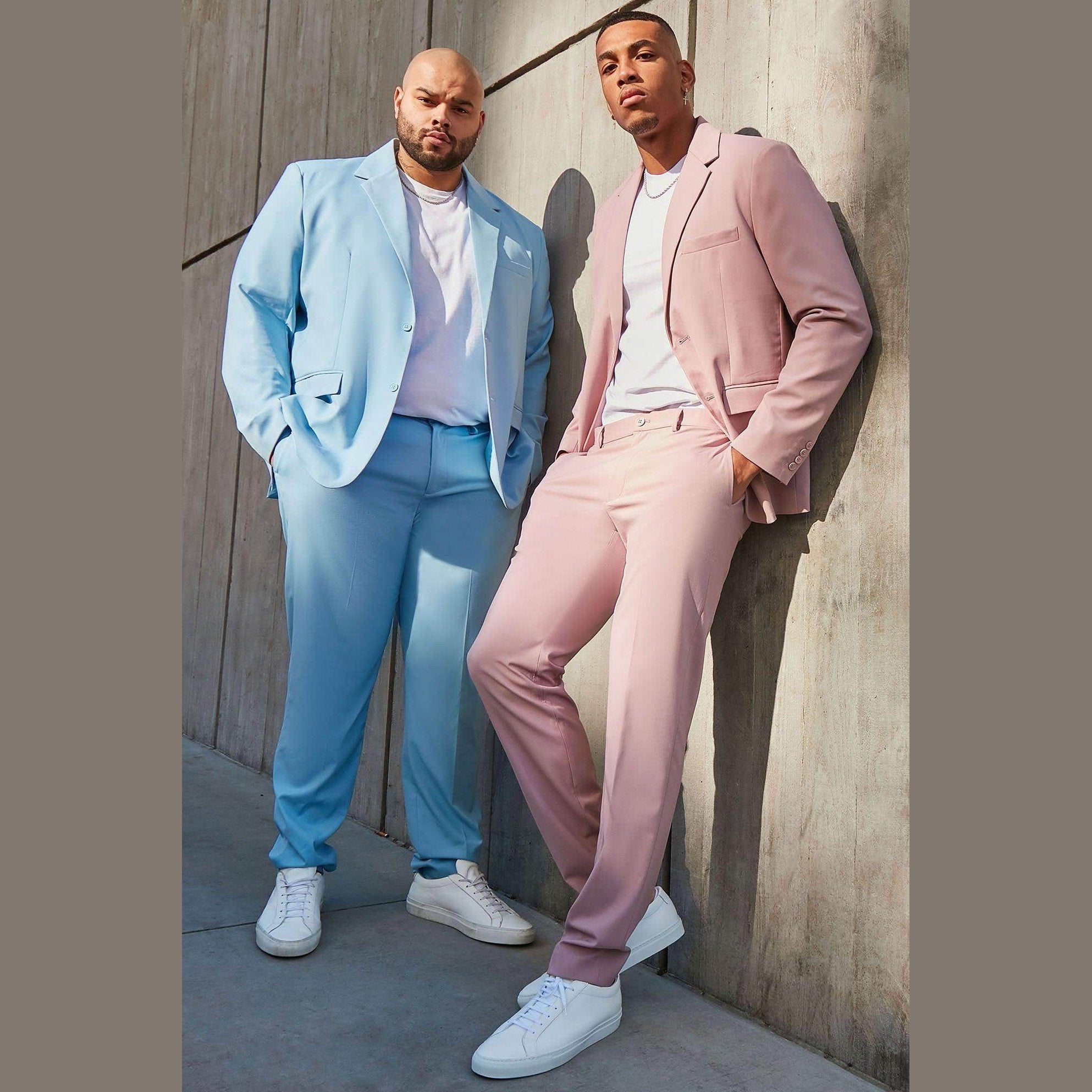 Fashion Nova men's vacation style jacket in pastel blue and pink, perfect for summer outings