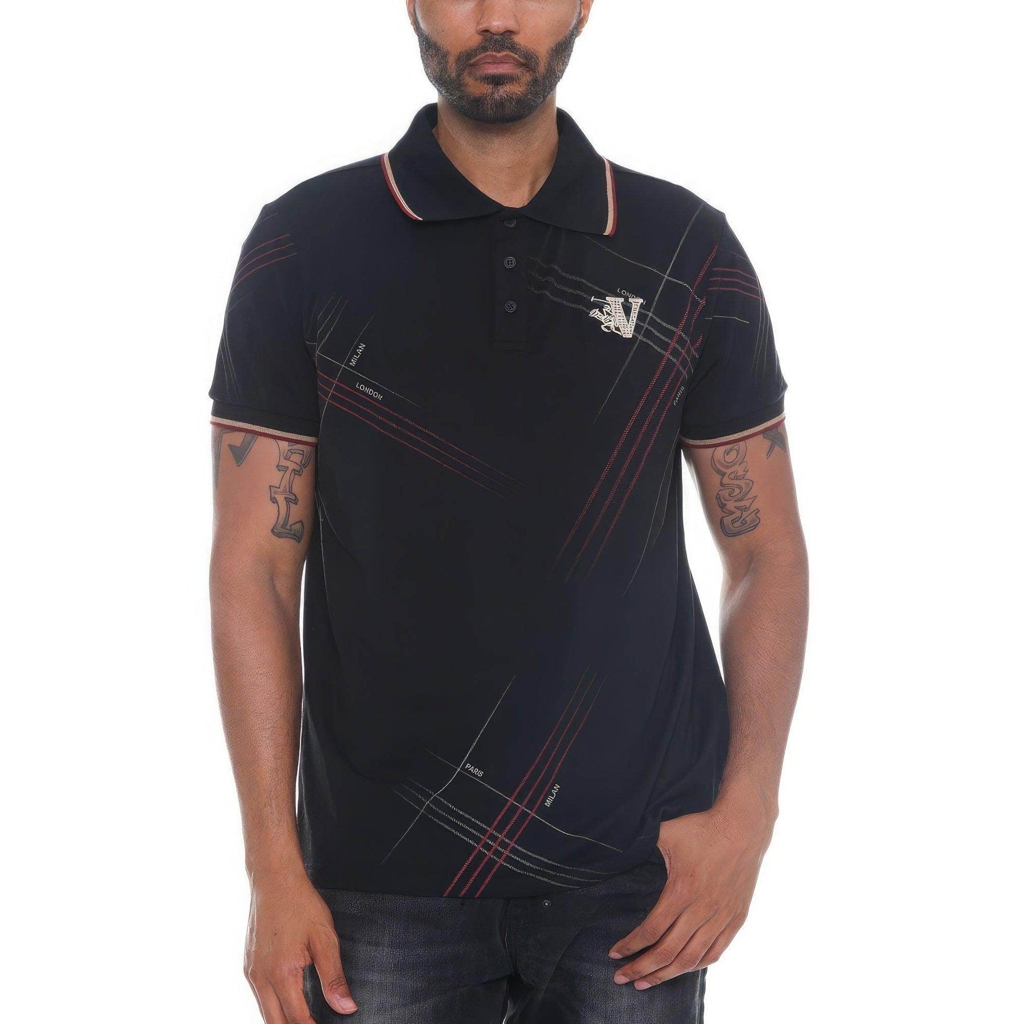 Version Couture mens polo shirt in black with stylish geometric patterns and comfortable fit