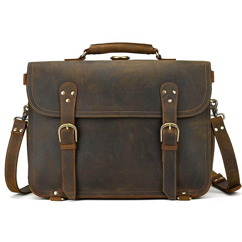 VacationGrabs vintage leather laptop bag with dual buckle closures and adjustable shoulder strap