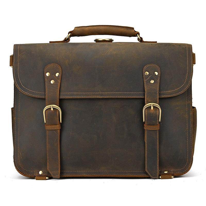 Vintage leather laptop bag with brass buckles and a sturdy handle for professional use
