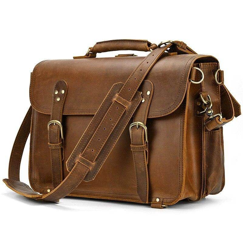 Vintage leather laptop bag with adjustable shoulder strap and sturdy handles for professional use