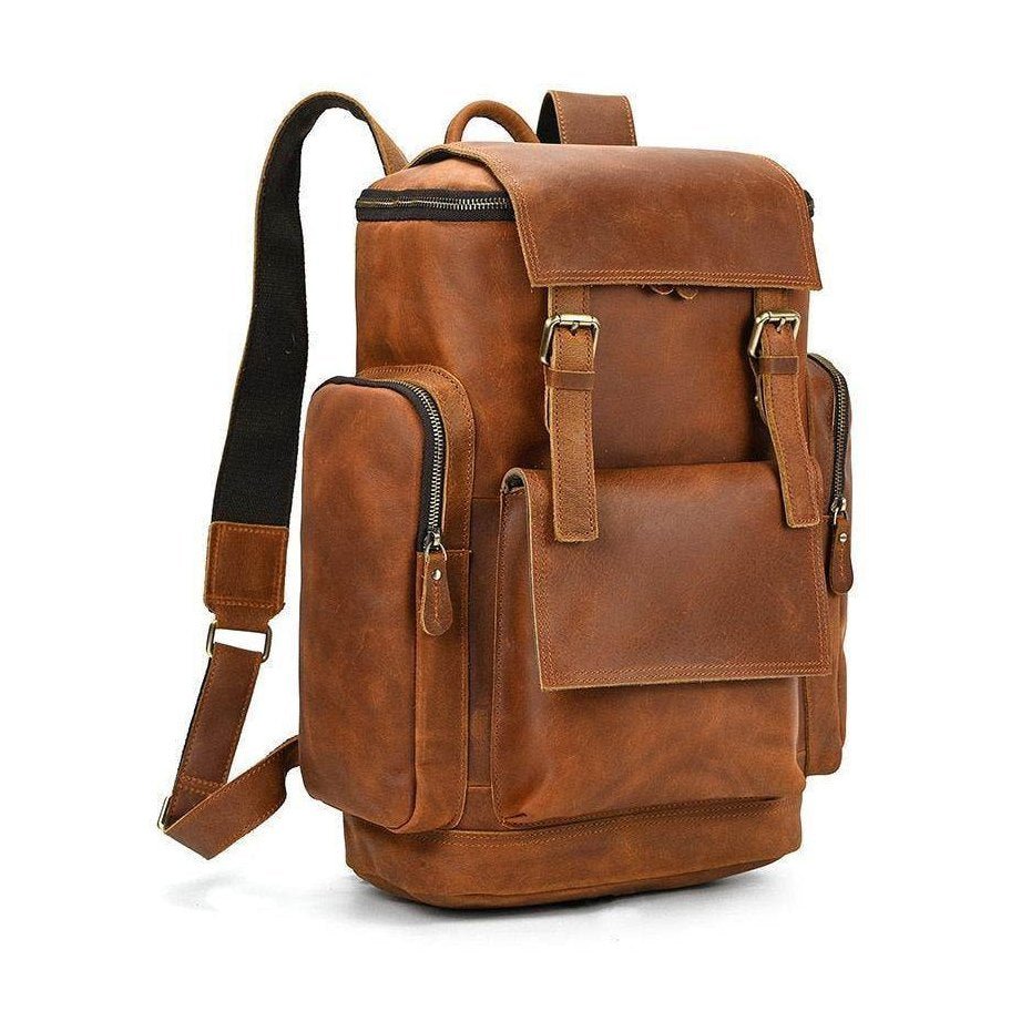 Vintage leather travel backpack with sturdy zippers and multiple pockets for convenient storage