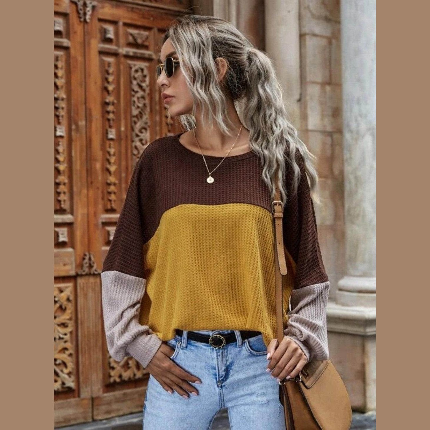 Trendsi Women's Waffle Knit Vacation Outfit in brown and mustard with loose fit and long sleeves