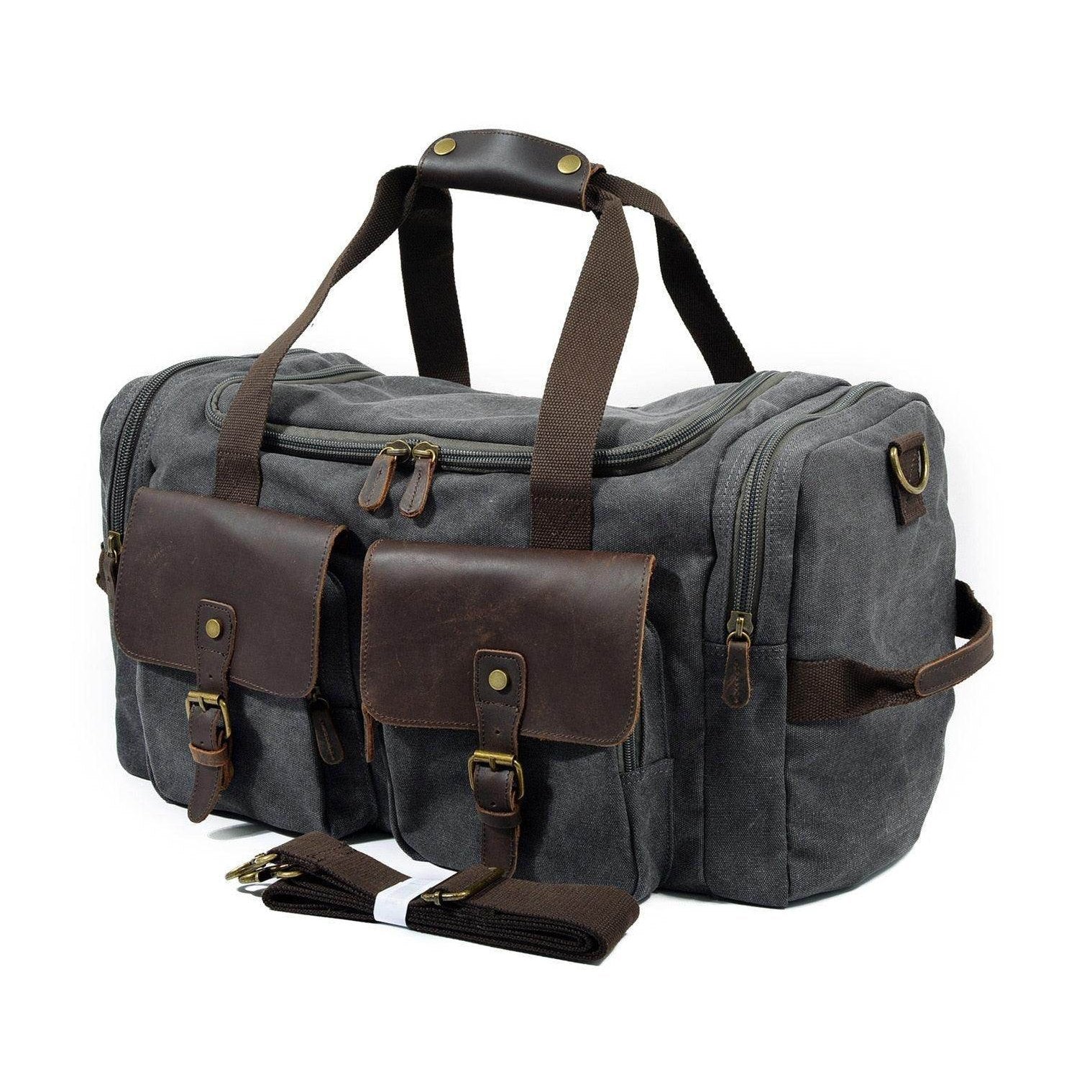 VacationGrabs weekender outdoor duffel bag in gray with brown leather accents and multiple pockets