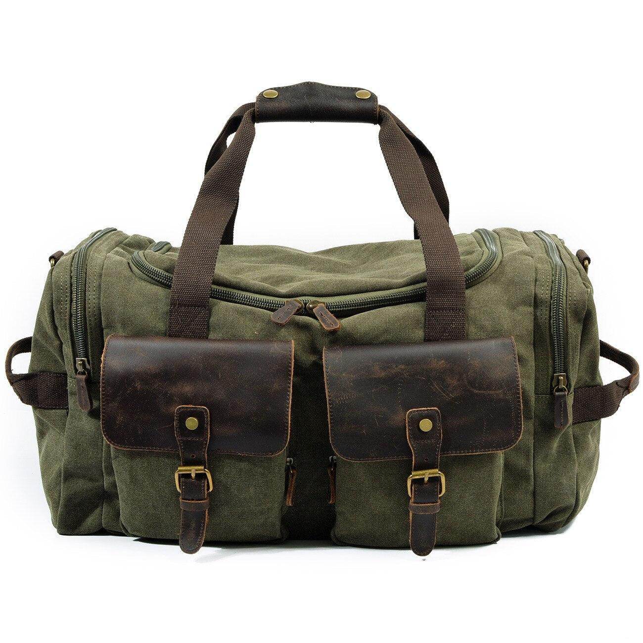 VacationGrabs weekender outdoor duffel bag in olive green with leather accents and multiple pockets for convenience