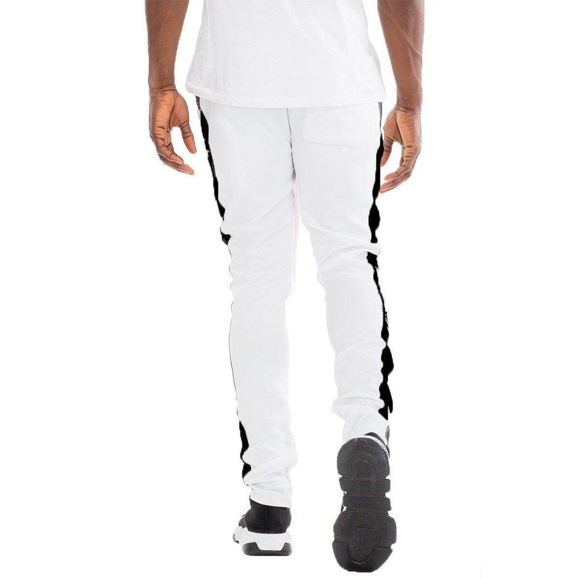 Men's white black stripe track pants from VacationGrabs with a sleek fit for ultimate comfort