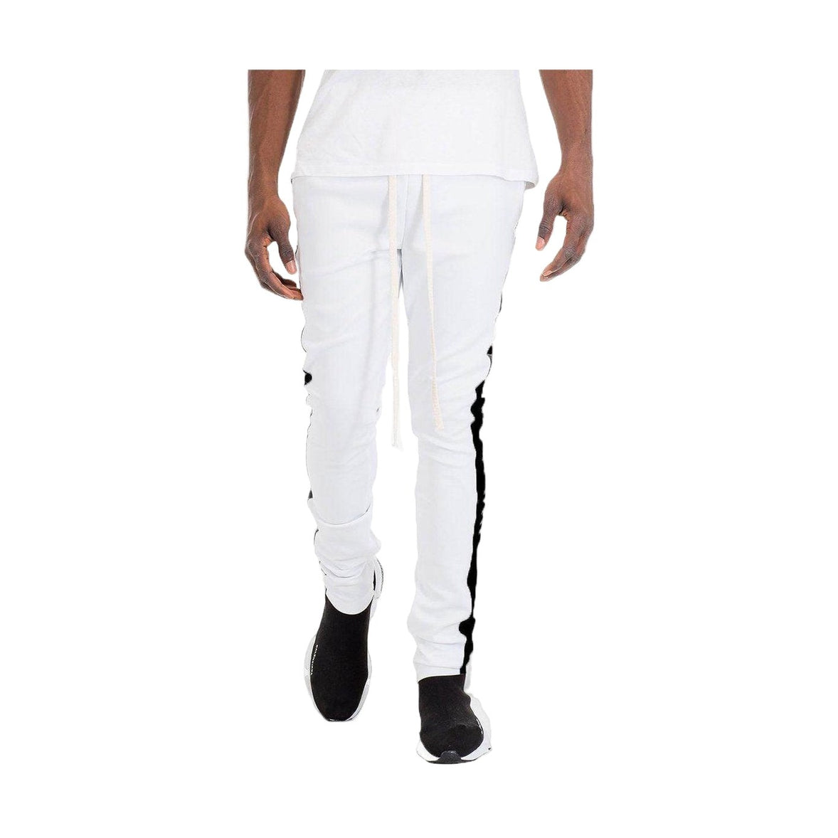 Men's white black stripe track pants from VacationGrabs with a slim fit and comfortable design