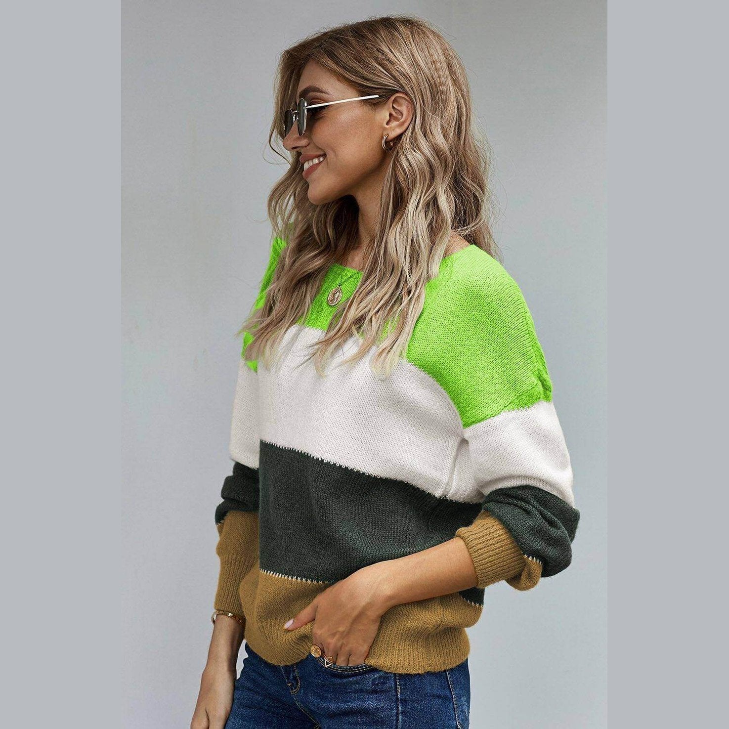 Colorful Teal Demeter winter pullover for women with bold green and neutral stripes