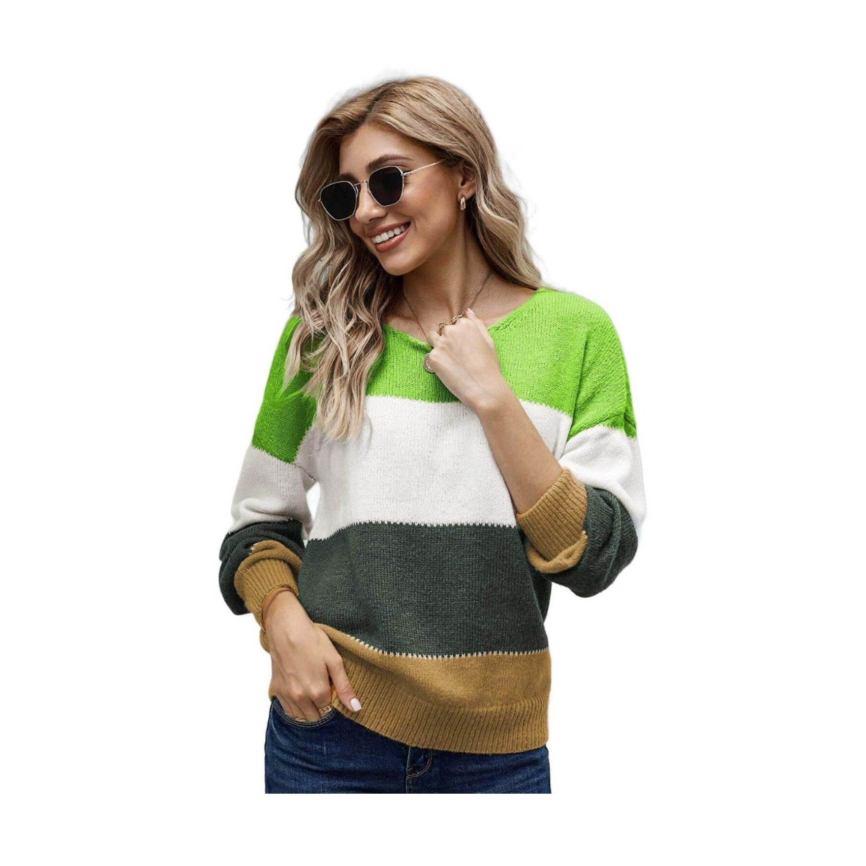 Teal Demeter Winter Pullover for Women with Multicolor Stripes in Green, White, and Brown