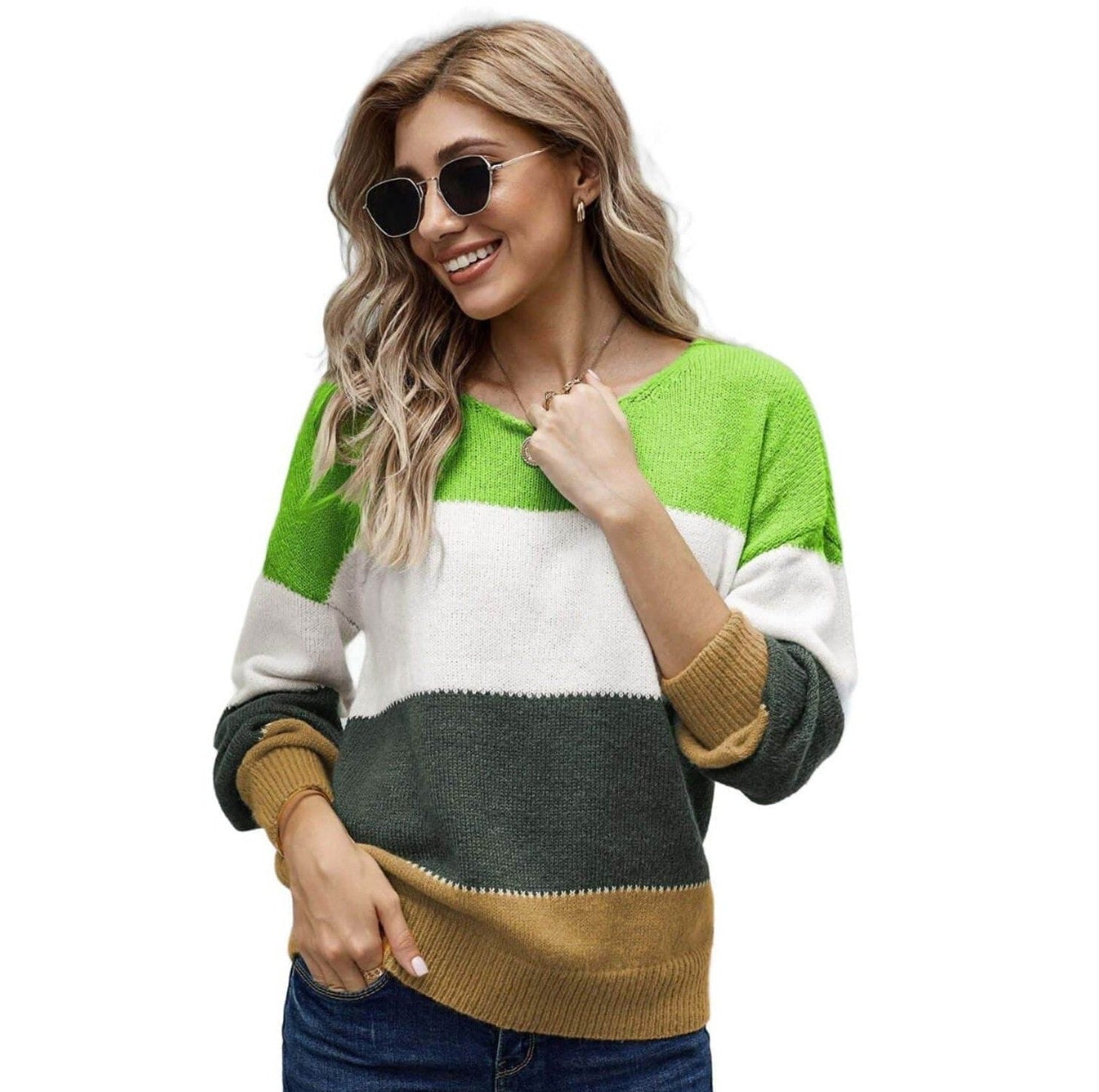 Teal Demeter Winter Pullover for Women with Multicolor Stripes in Green, White, and Brown